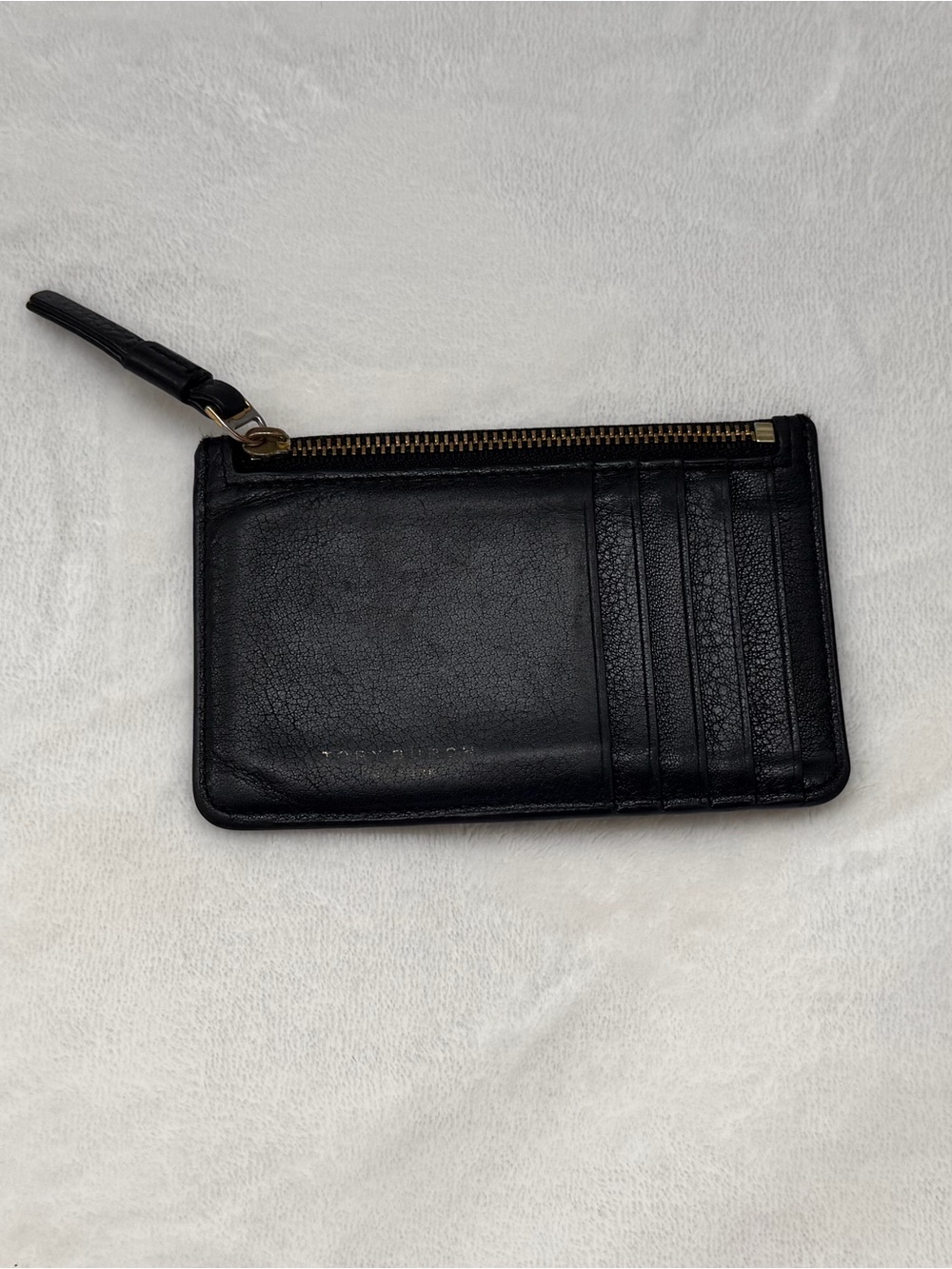 Tory Burch Pebbled Leather Zip Card Case Wallet Black Gold Logo
